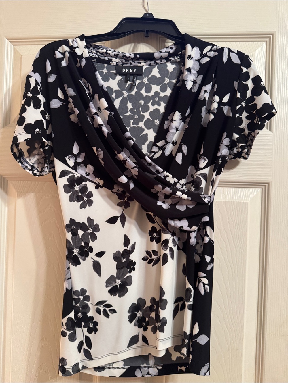DKNY Black and White Floral Draped Surplice Top